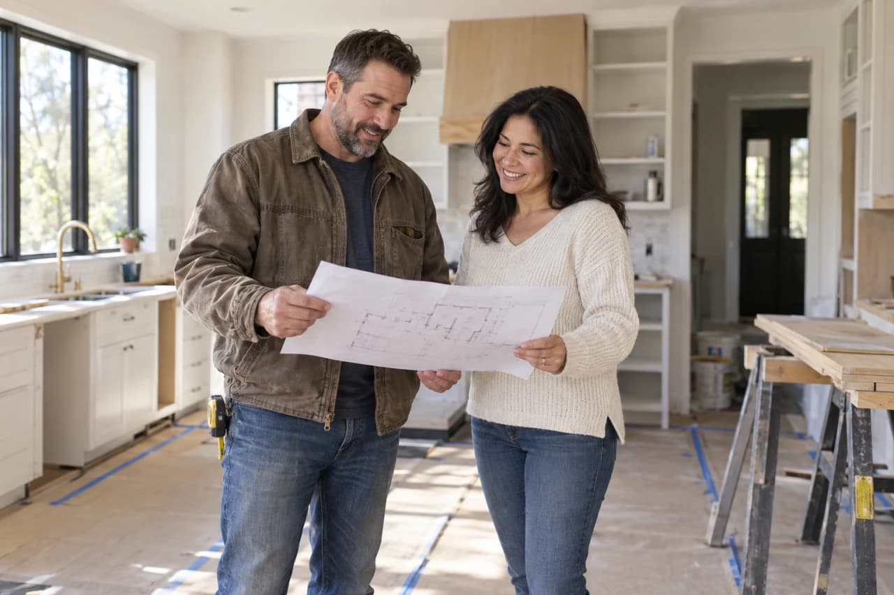 A general contractor and a homeowner smiling as they review plans in a bright home under renovation