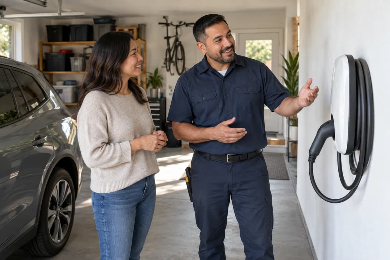 An electrician and a homeowner talking beside a newly installed garage wall charger